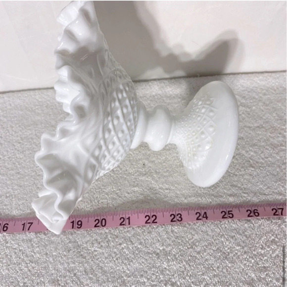 Vintage Fenton Milk Glass Hobnail Ruffle Edge Pedestal Compote Candle Holder - Picture 14 of 15